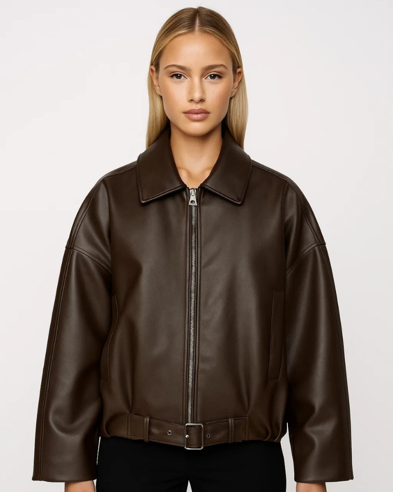 Women's Oversized Jacket - Zip-Up with Point Collar and Integrated Belted Waist