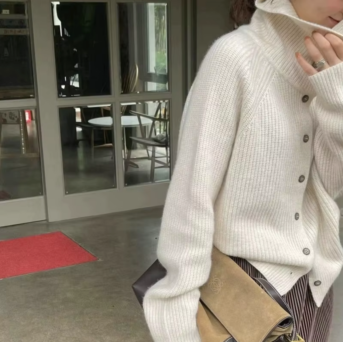 Women's Knit Sweater - Oversized Turtleneck with Button Front and Ribbed Texture