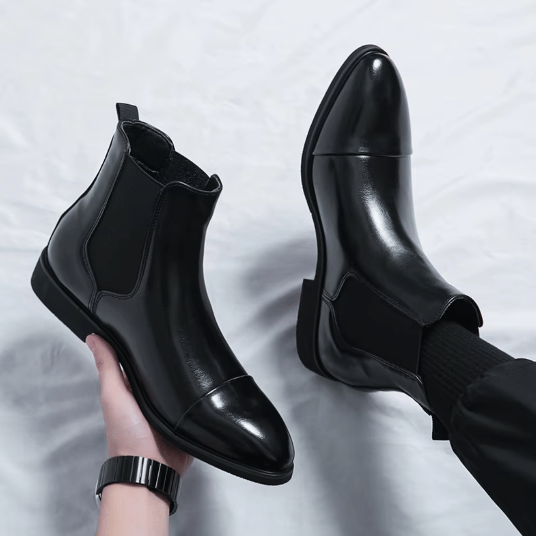 Men's Chelsea Boots - Slip-On Cap Toe with Elastic Side Panel - Low Heel and Contrast Sole