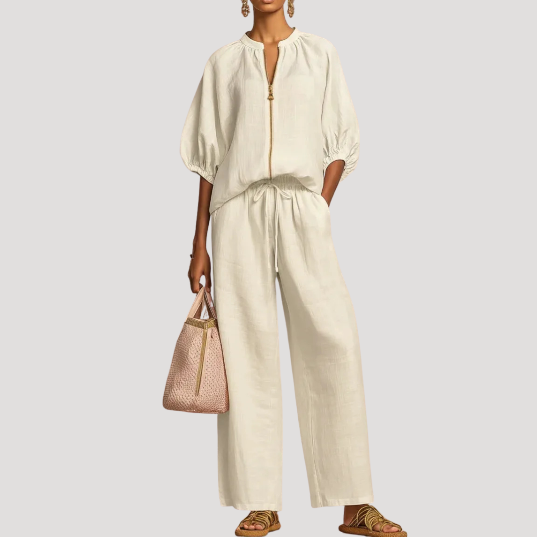 Women's Linen Puff Sleeve Zip Top Wide Leg Pants Set