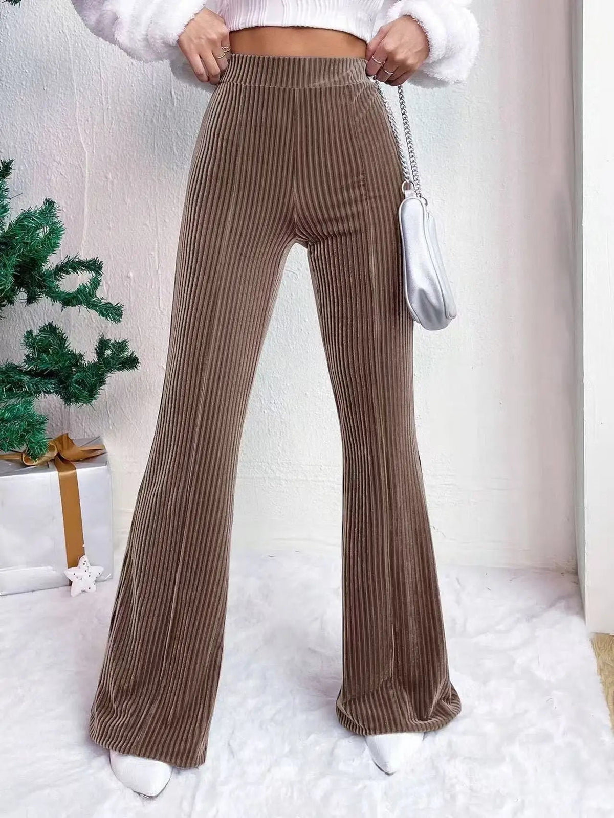 Women's Wide Leg Pants - High Waist Elasticated Ribbed Flare with Plain Hem