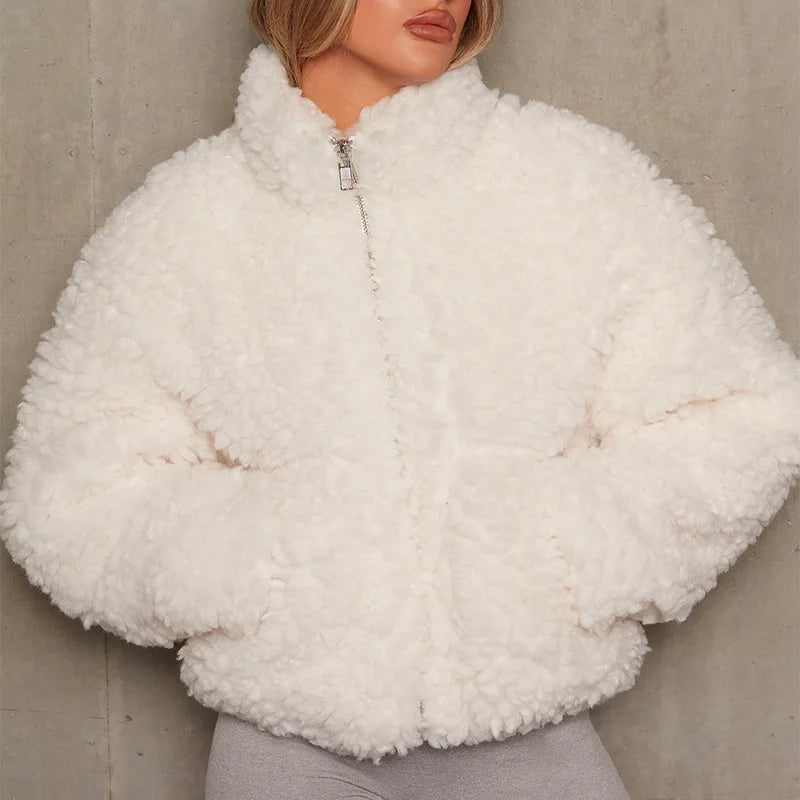 Women's Cropped Jacket - Stand Collar Full Zip Plush Pile