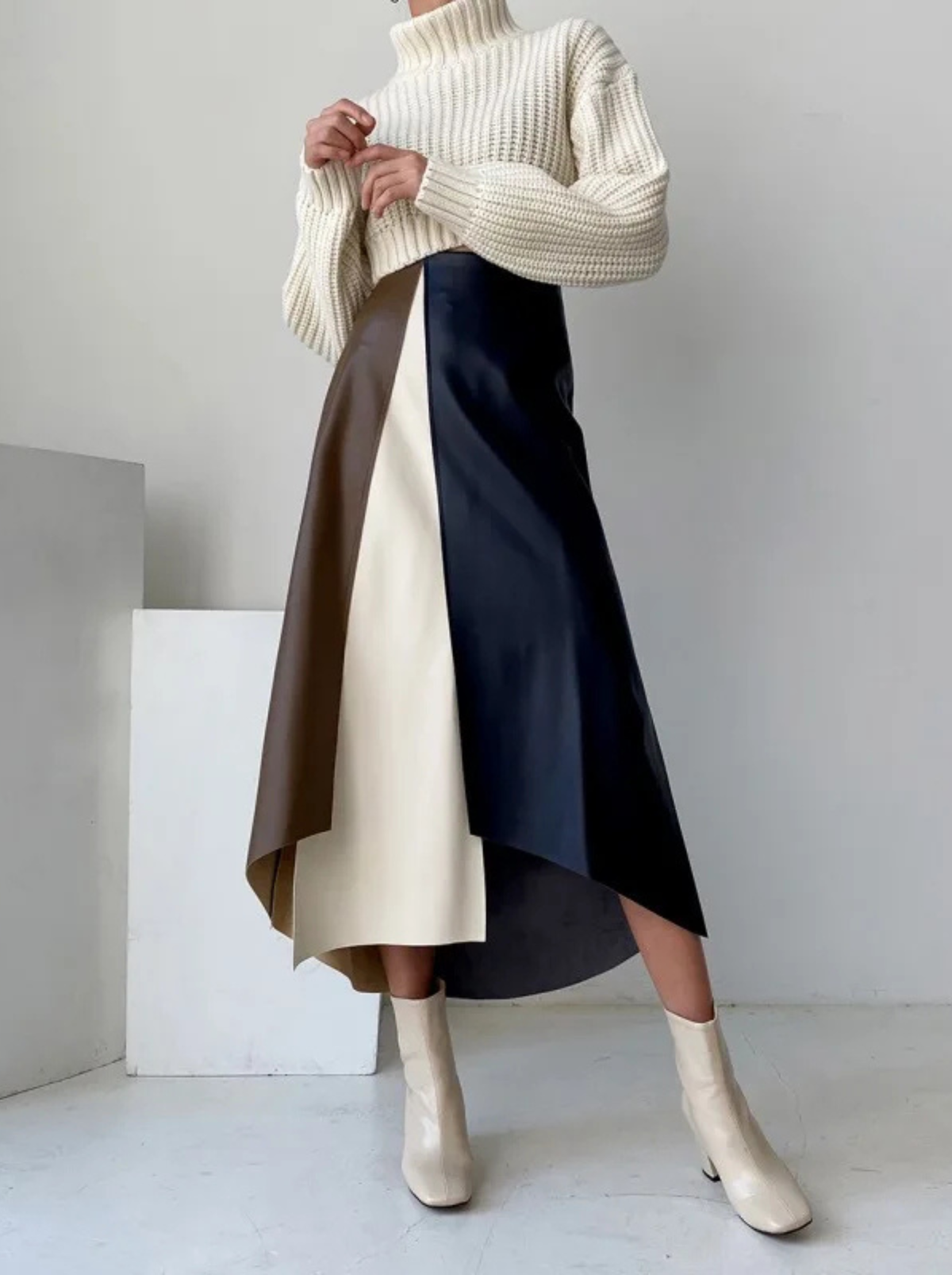 Women's High Waist Leather Skirt - Colour Block Asymmetric Hem