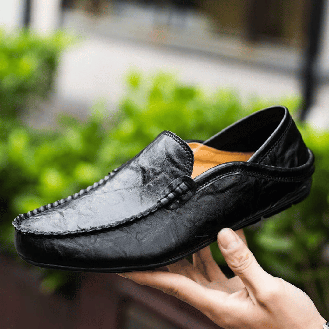 Men's Leather Penny Loafers - Slip On - Decorative Stitching