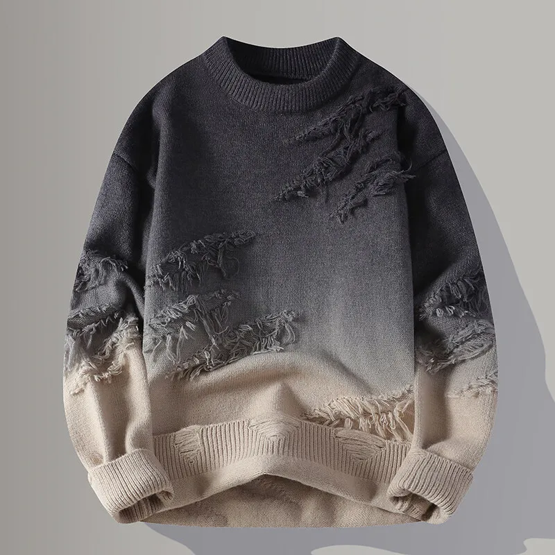 Men's Knit Jumper - Crew Neck Gradient Distressed Detail