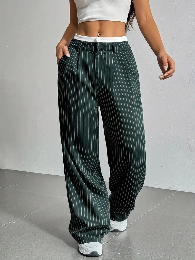 Women's Wide Leg Pinstripe Pants - High Waist - Contrast Waistband