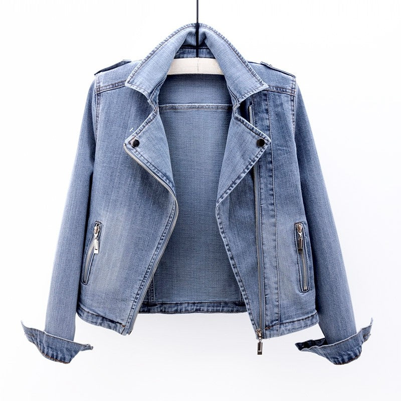 Women's Denim Jacket - Biker Style with Asymmetric Zip - Lapel Collar and Zip Pockets
