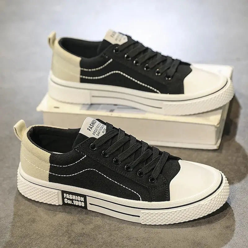 Men's Casual Sneakers - Low Top Lace Up Canvas Shoes with Contrast Toe Cap and Flat Sole