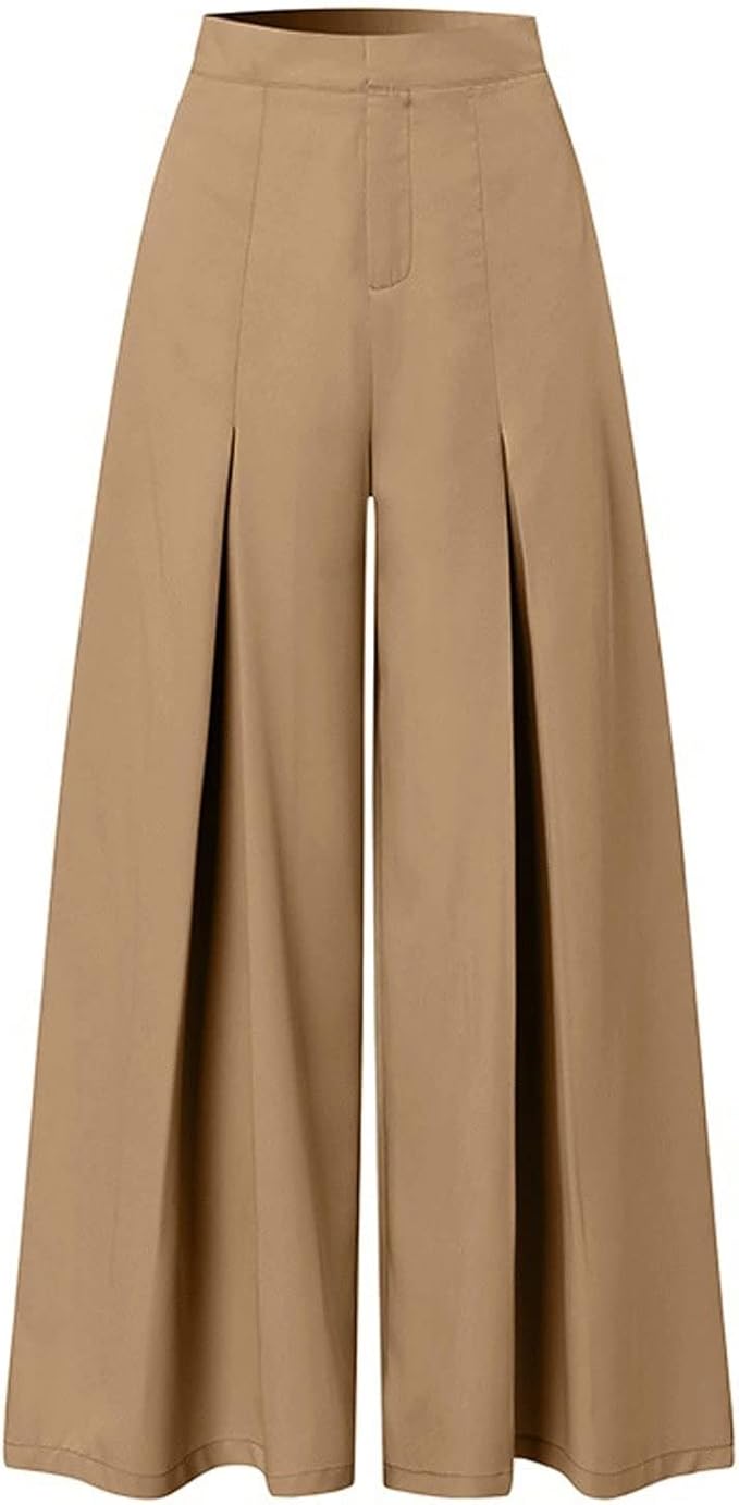 Women's Palazzo Pants - High Waist Wide Leg Box Pleat Full Length