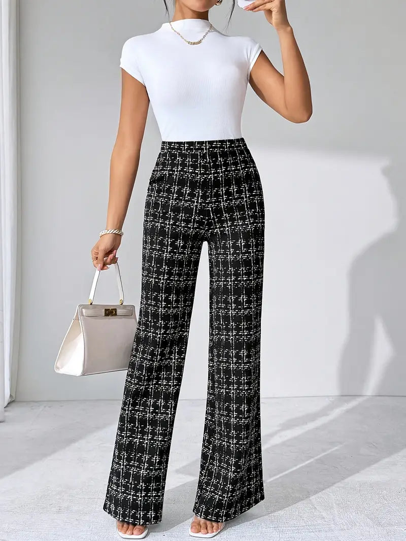 Women's Plaid Wide Leg Pants - High Waist Full Length Pull On