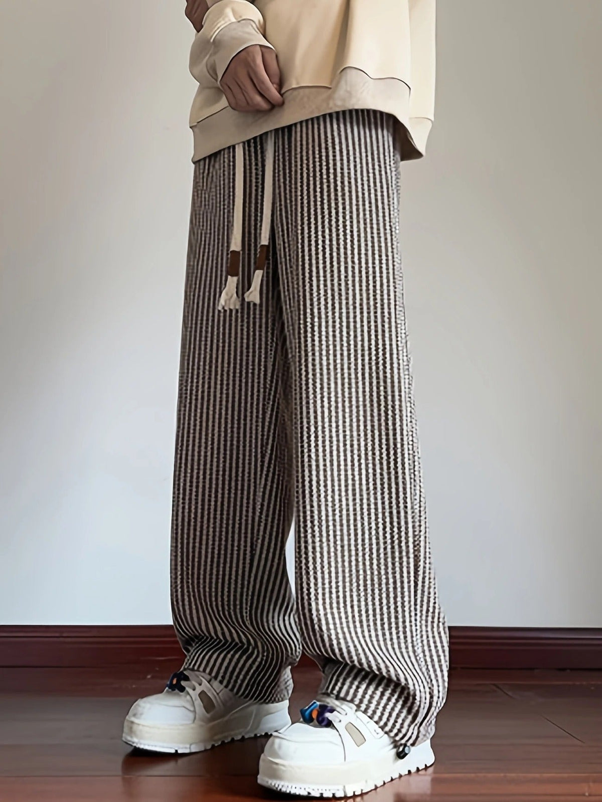 Men's Wide Leg Pants - Herringbone Pattern - Drawstring Waist