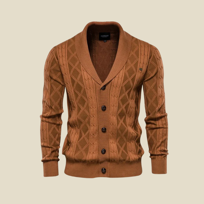 Men's Shawl Collar Cardigan - Button-Up Diamond Knit with Ribbed Cuffs and Hem Band