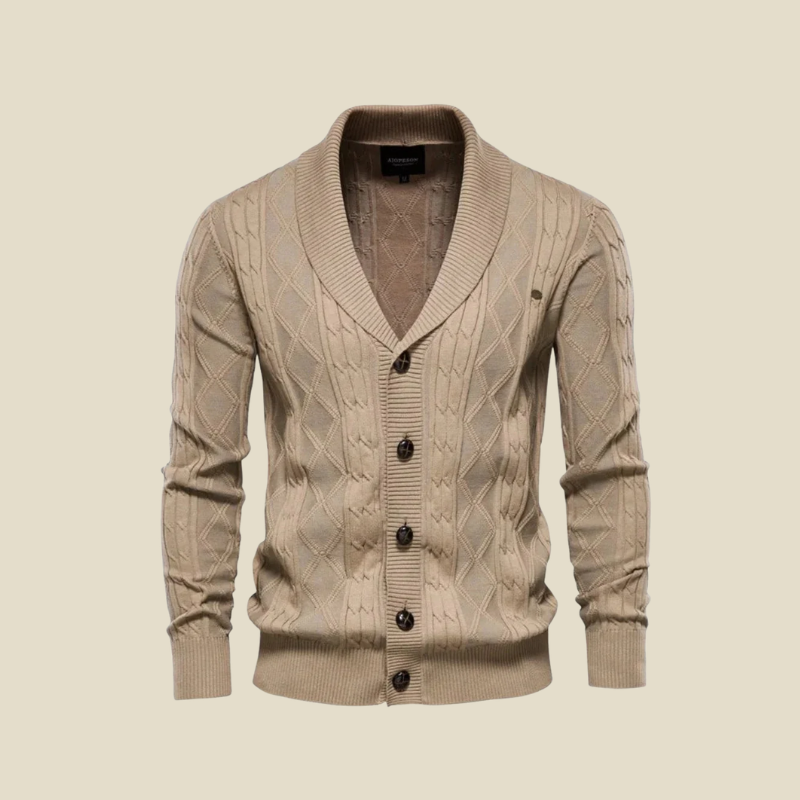 Men's Shawl Collar Cardigan - Button-Up Diamond Knit with Ribbed Cuffs and Hem Band