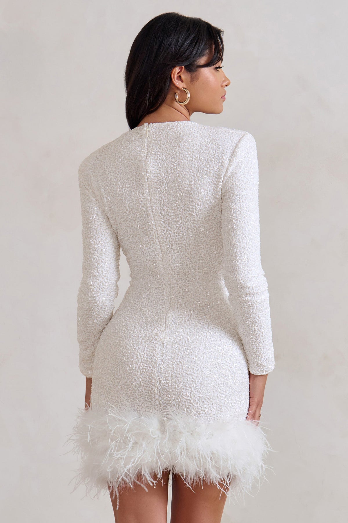 Women's Sequin Mini Dress - Long Sleeve Bodycon with Feather Hem