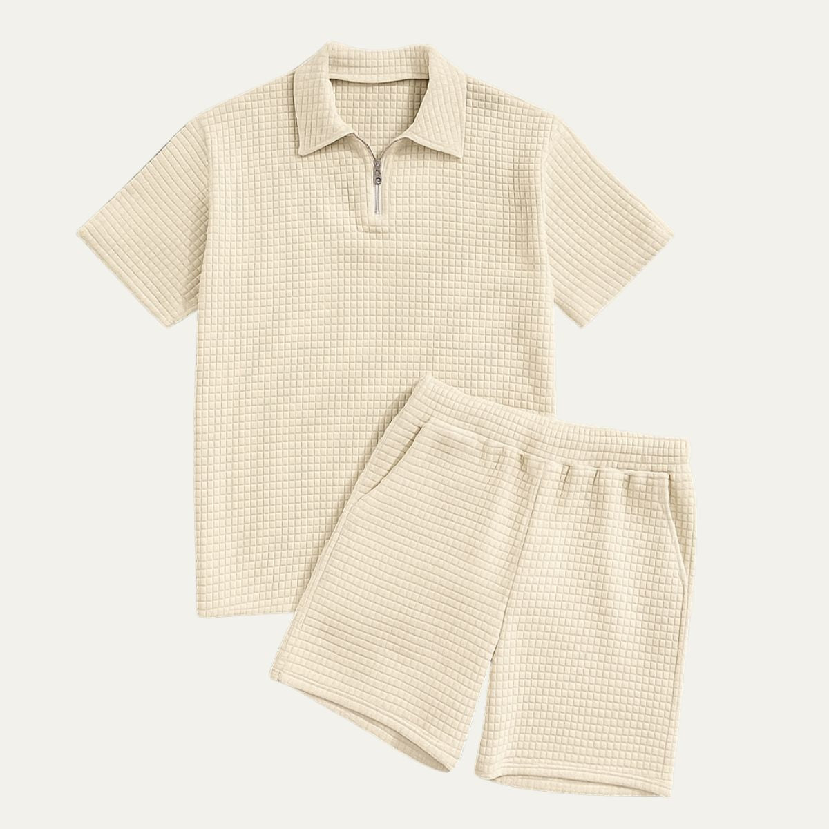 Men's Waffle Knit Half-Zip Polo Short Set - Two Piece