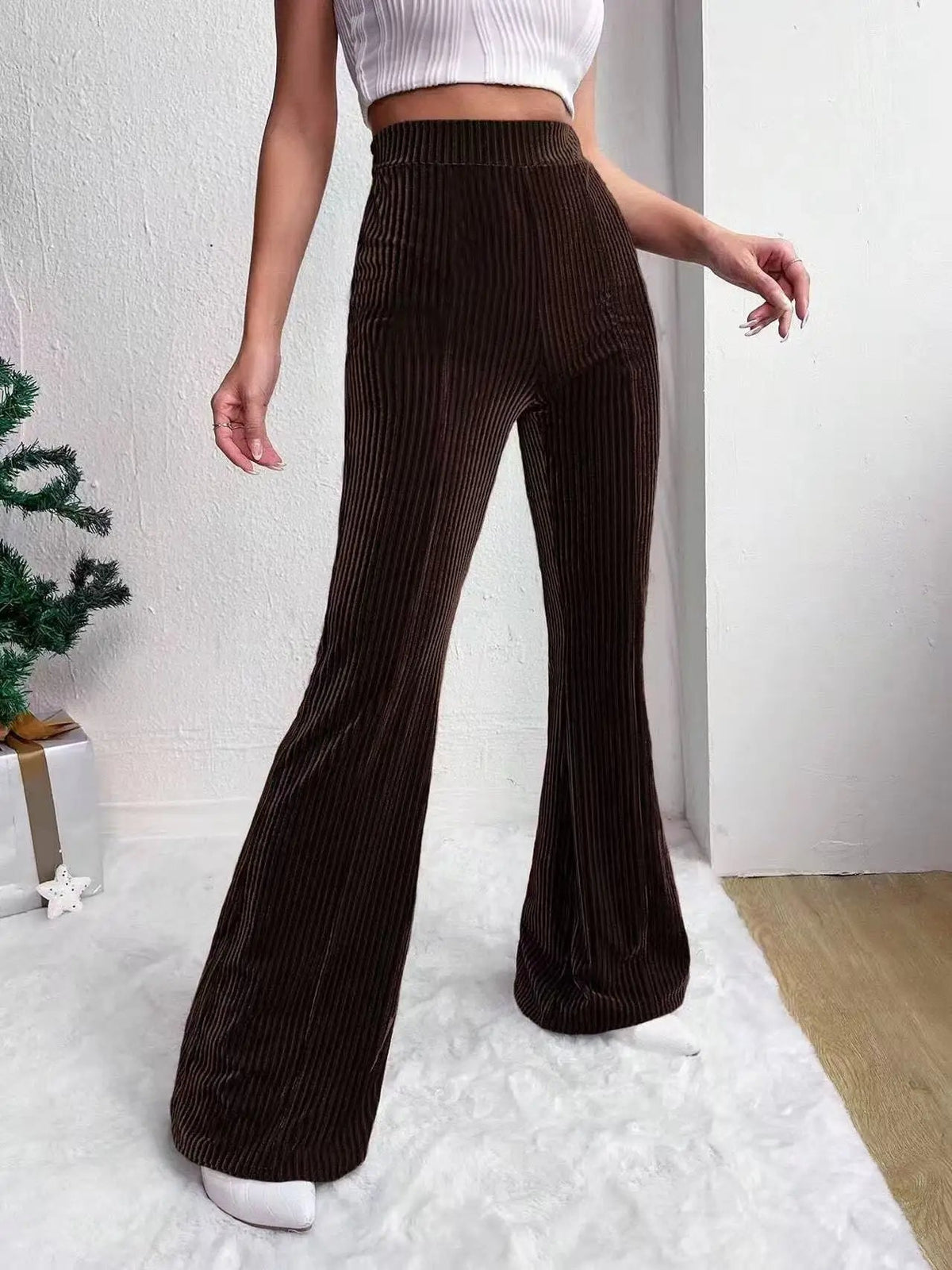 Women's Wide Leg Pants - High Waist Elasticated Ribbed Flare with Plain Hem