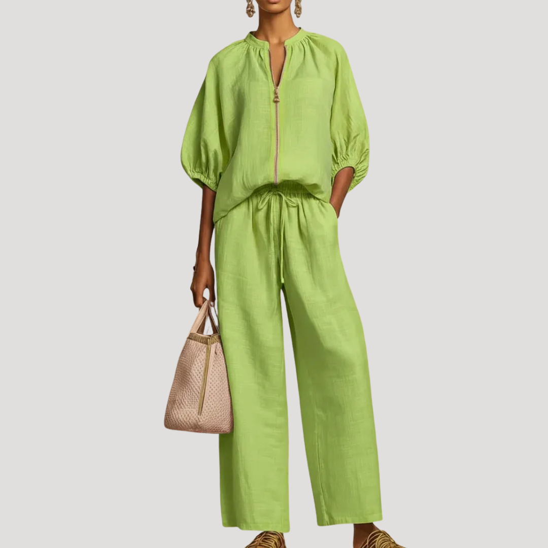 Women's Linen Puff Sleeve Zip Top Wide Leg Pants Set