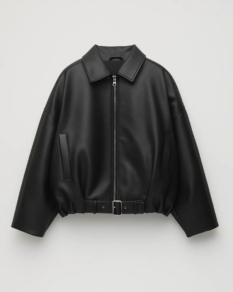 Women's Oversized Jacket - Zip-Up with Point Collar and Integrated Belted Waist