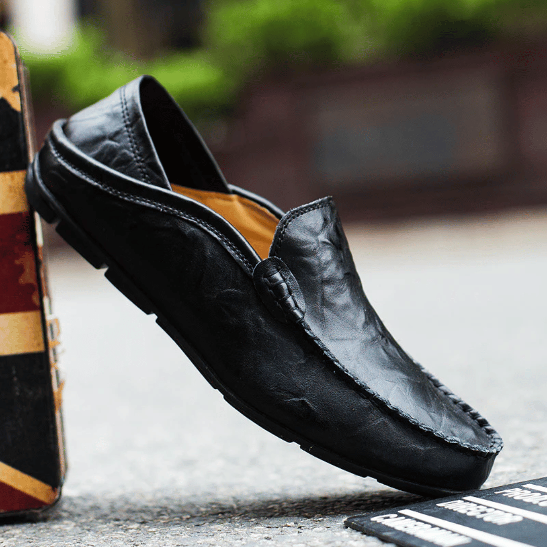 Men's Leather Penny Loafers - Slip On - Decorative Stitching