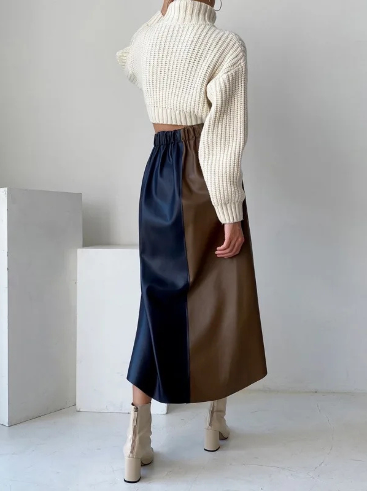 Women's High Waist Leather Skirt - Colour Block Asymmetric Hem