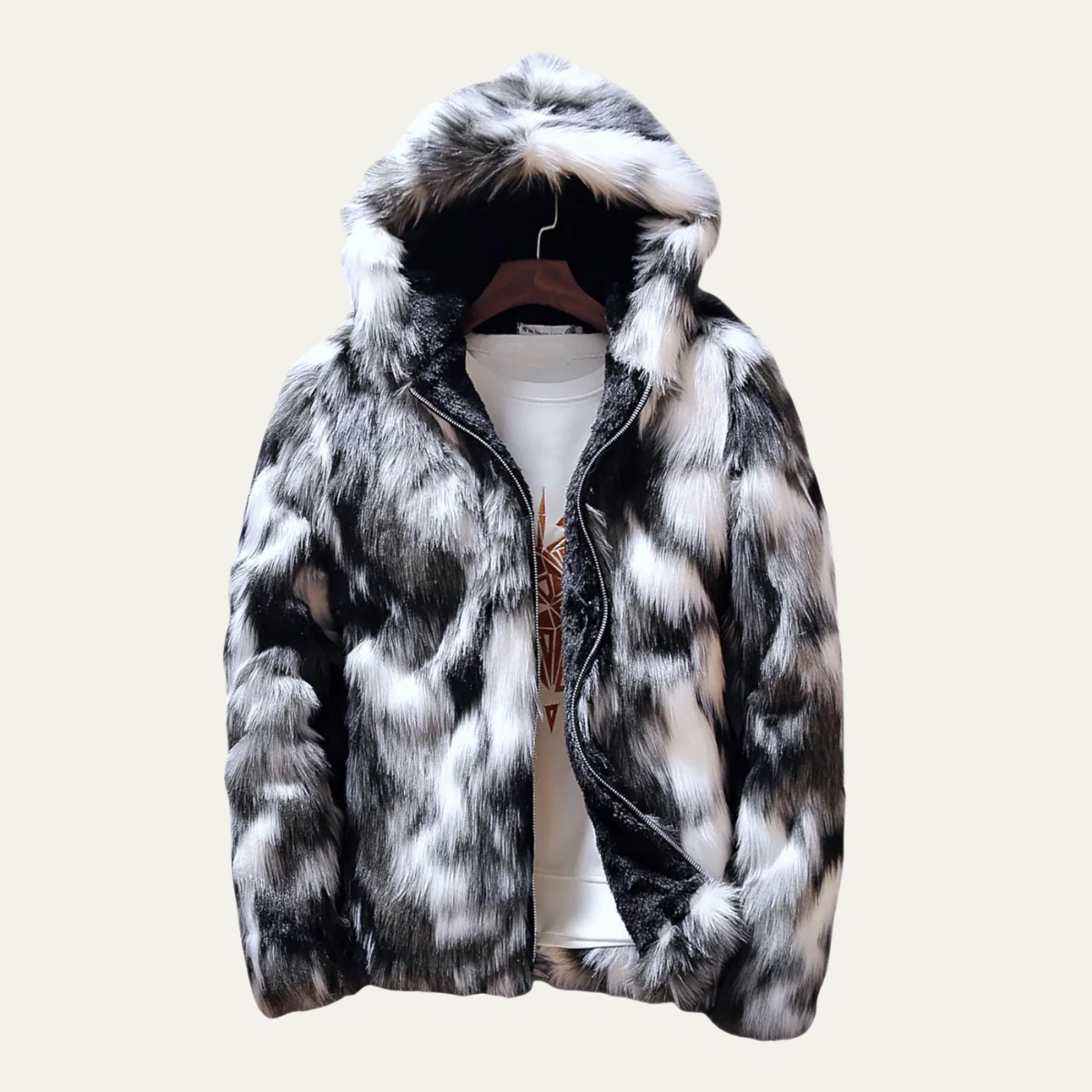 Men's Jacket - Faux Fur Zip Up with Shaggy Multi-Tone Print and Fleece Lined Interior