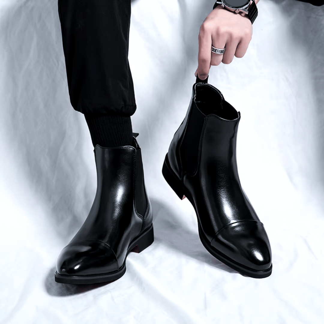 Men's Chelsea Boots - Slip-On Cap Toe with Elastic Side Panel - Low Heel and Contrast Sole