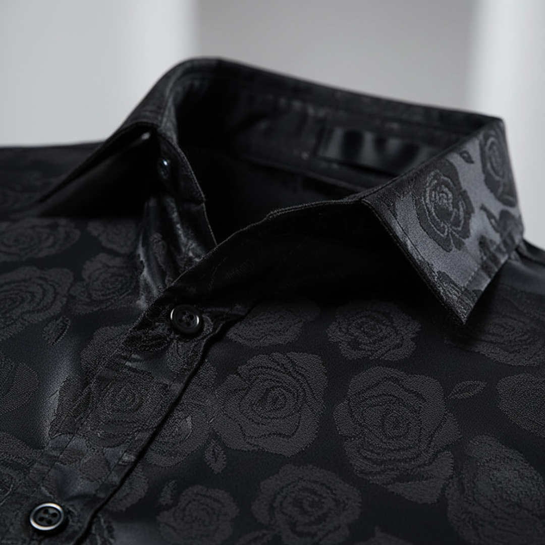 Men's Long Sleeve Button Up Shirt - Rose Jacquard Print - Slim Fit