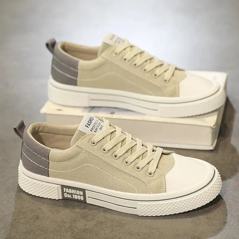 Men's Casual Sneakers - Low Top Lace Up Canvas Shoes with Contrast Toe Cap and Flat Sole