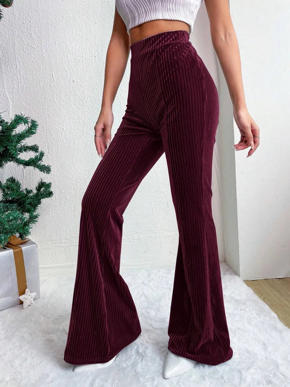 Women's Wide Leg Pants - High Waist Elasticated Ribbed Flare with Plain Hem
