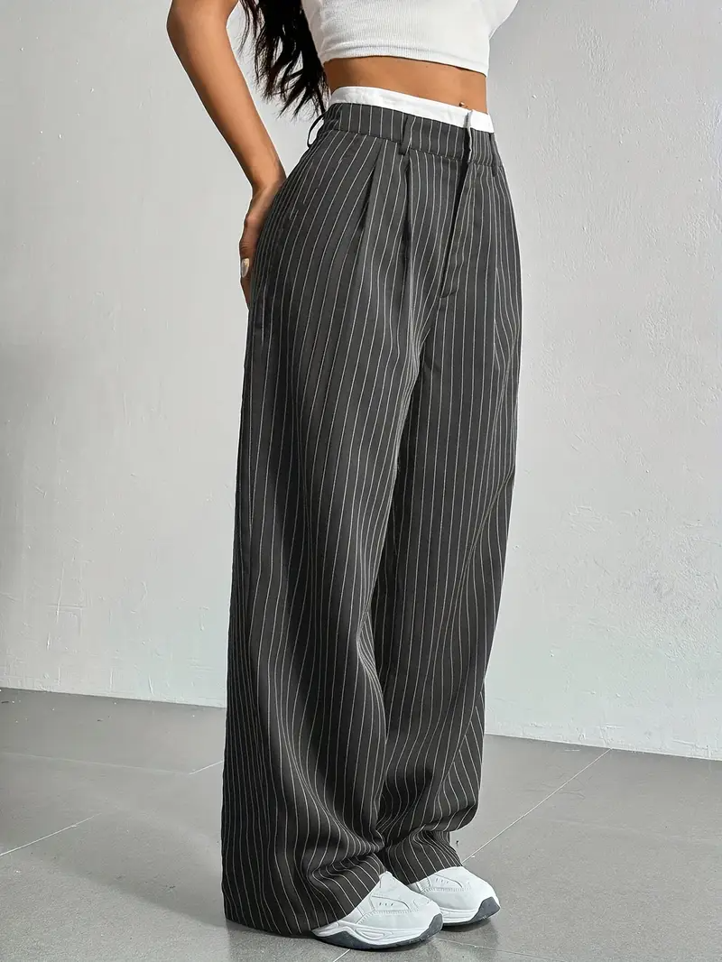 Women's Wide Leg Pinstripe Pants - High Waist - Contrast Waistband
