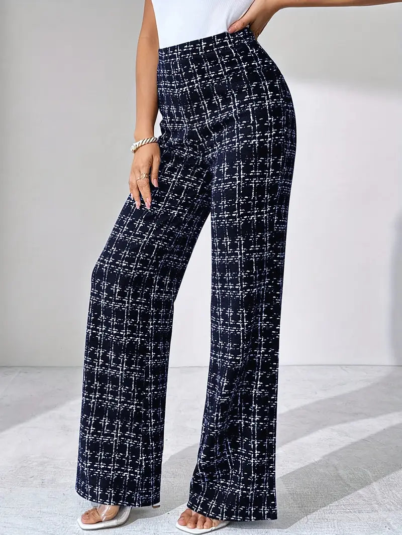 Women's Plaid Wide Leg Pants - High Waist Full Length Pull On