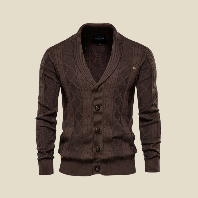Men's Shawl Collar Cardigan - Button-Up Diamond Knit with Ribbed Cuffs and Hem Band