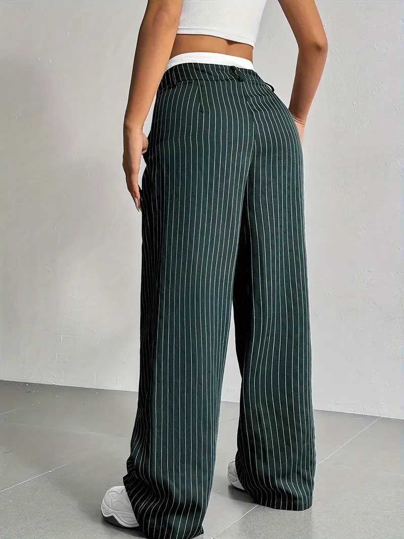 Women's Wide Leg Pinstripe Pants - High Waist - Contrast Waistband