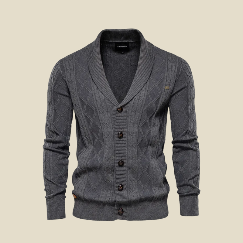 Men's Shawl Collar Cardigan - Button-Up Diamond Knit with Ribbed Cuffs and Hem Band