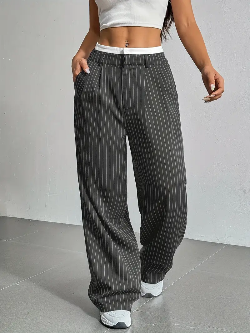 Women's Wide Leg Pinstripe Pants - High Waist - Contrast Waistband