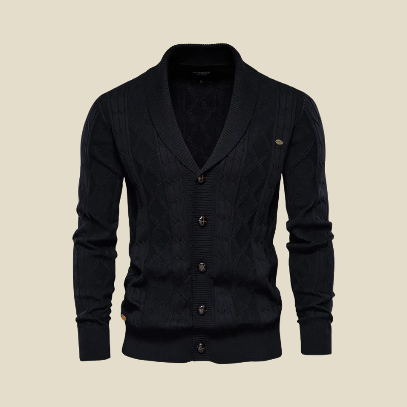 Men's Shawl Collar Cardigan - Button-Up Diamond Knit with Ribbed Cuffs and Hem Band