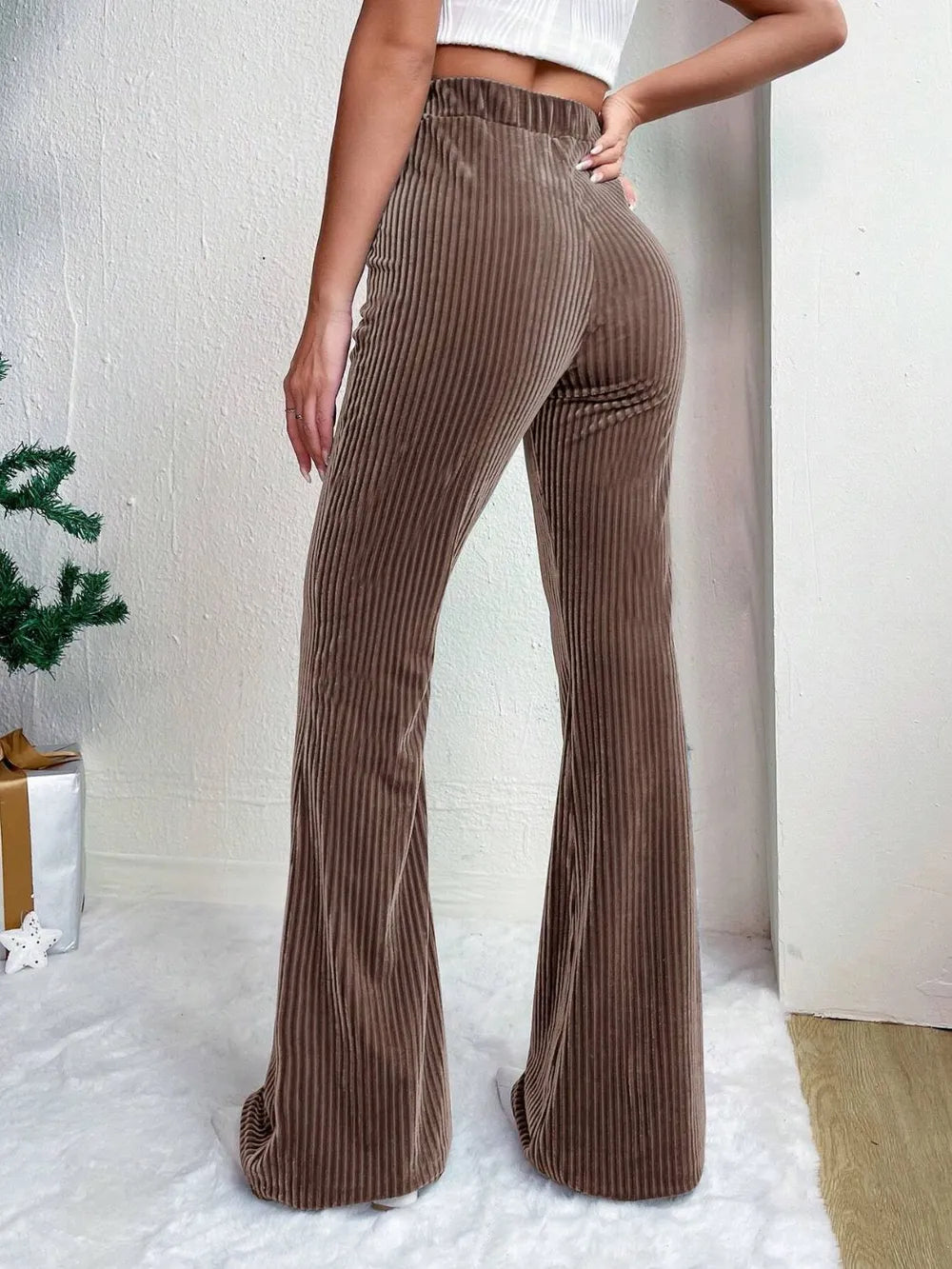 Women's Wide Leg Pants - High Waist Elasticated Ribbed Flare with Plain Hem
