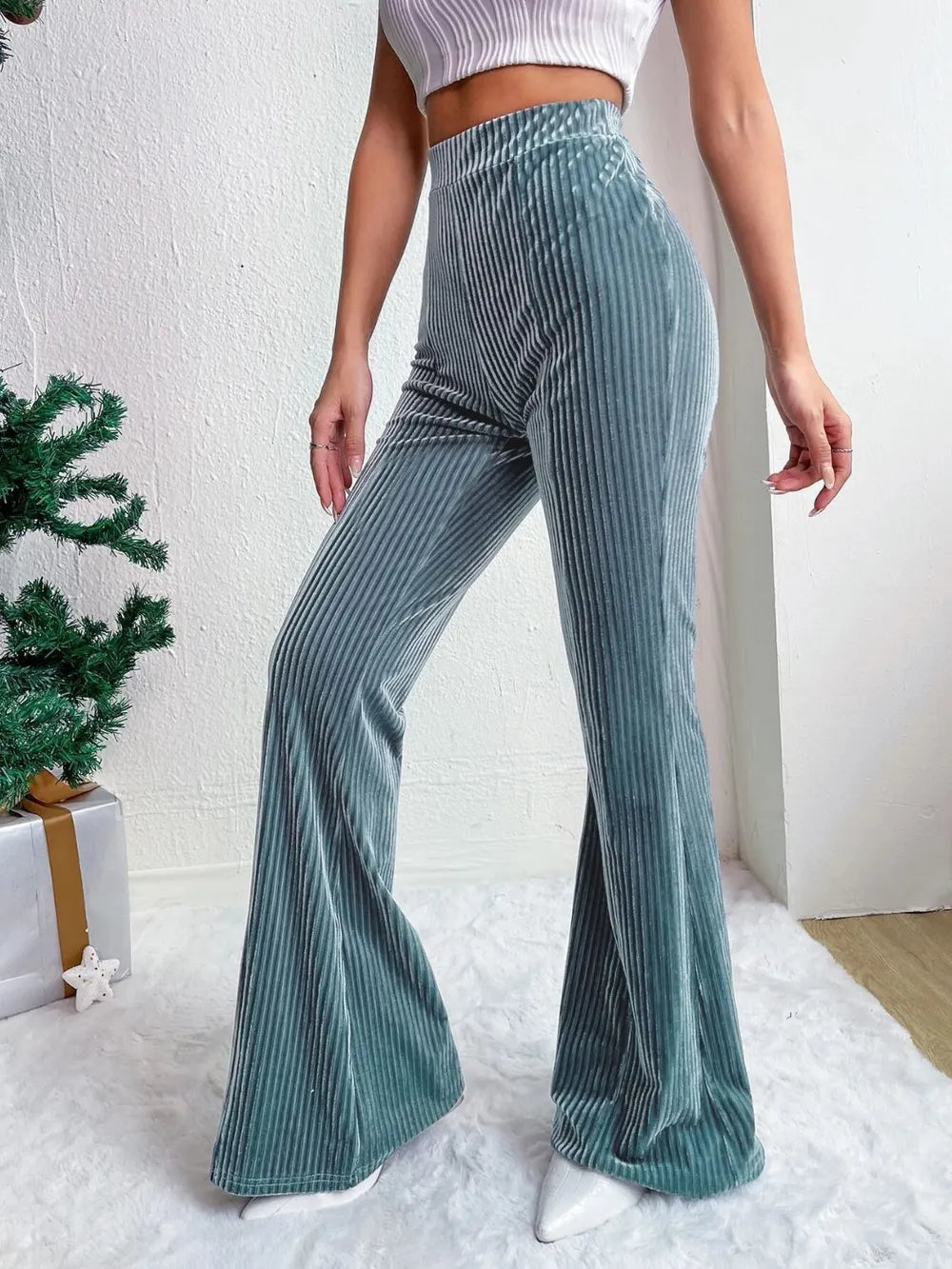 Women's Wide Leg Pants - High Waist Elasticated Ribbed Flare with Plain Hem