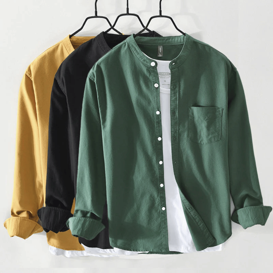 Men's Band Collar Shirt - Long Sleeve - Button Front