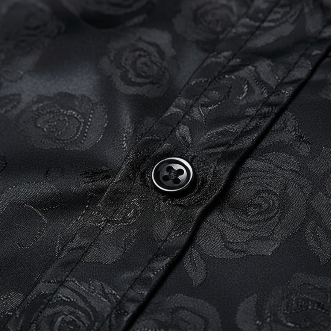 Men's Long Sleeve Button Up Shirt - Rose Jacquard Print - Slim Fit