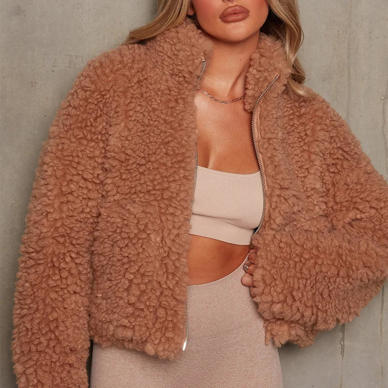 Women's Cropped Jacket - Stand Collar Full Zip Plush Pile