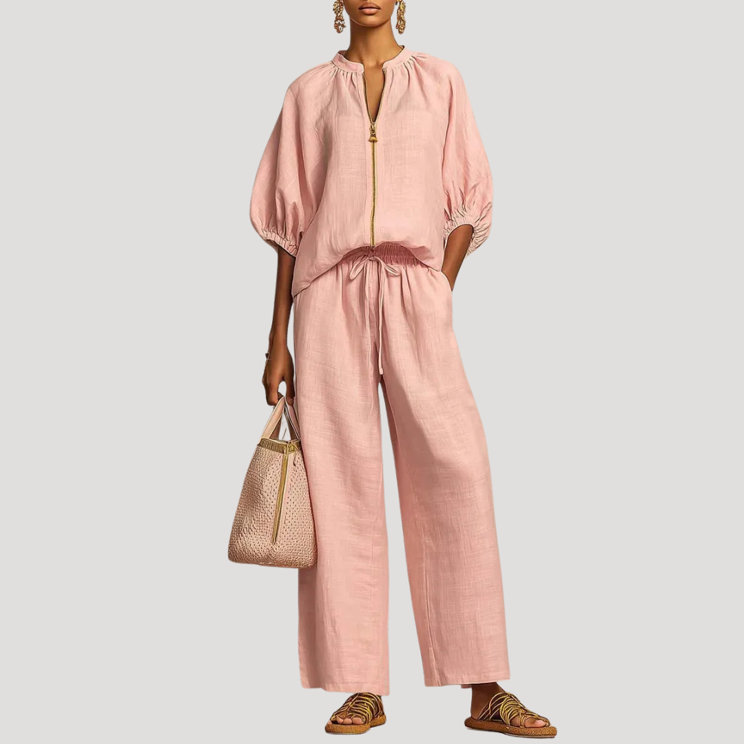 Women's Linen Puff Sleeve Zip Top Wide Leg Pants Set