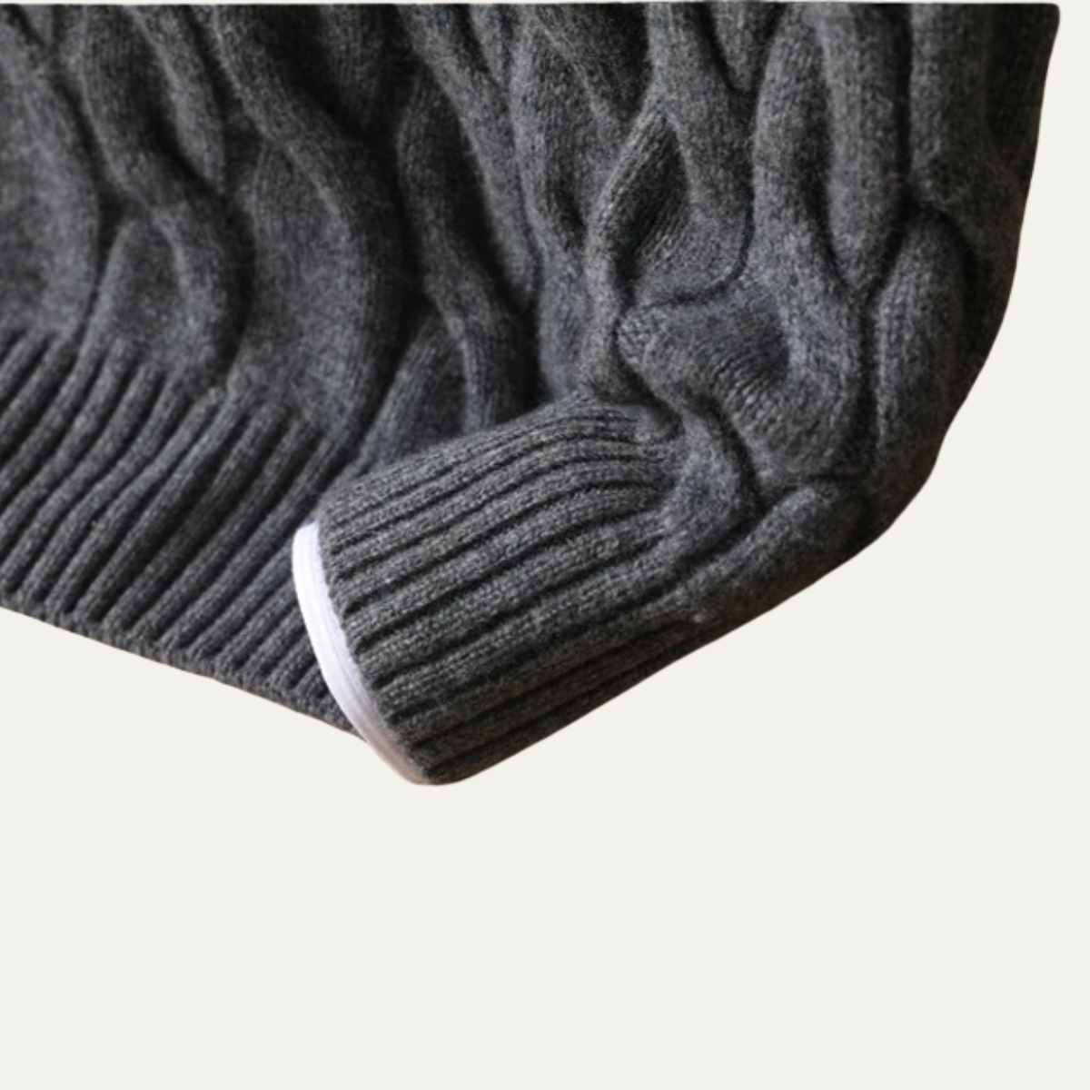 Men's Merino Wool Jumper - Cable Knit Crew Neck Pullover with Ribbed Cuffs and Hem