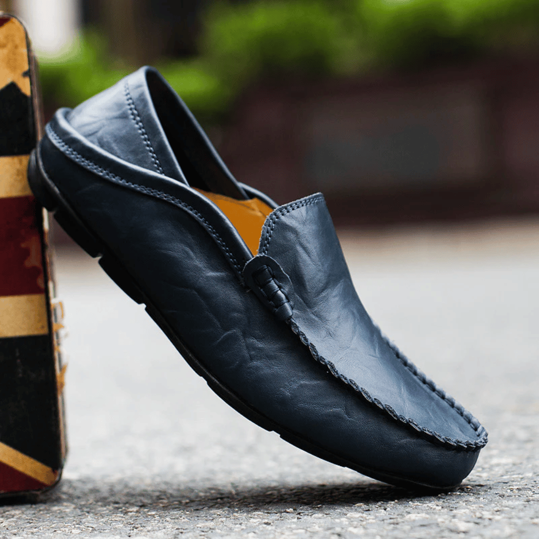 Men's Leather Penny Loafers - Slip On - Decorative Stitching