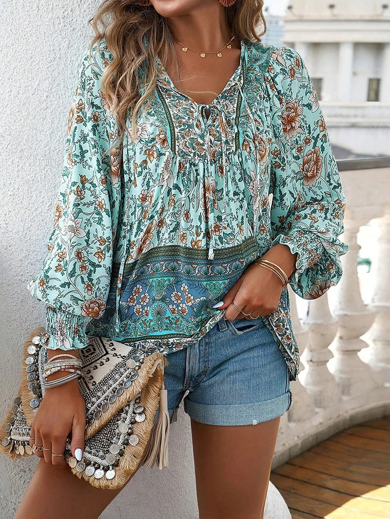 Women's Floral Blouse - V-Neck Tie Front Long Sleeve - Boho Print