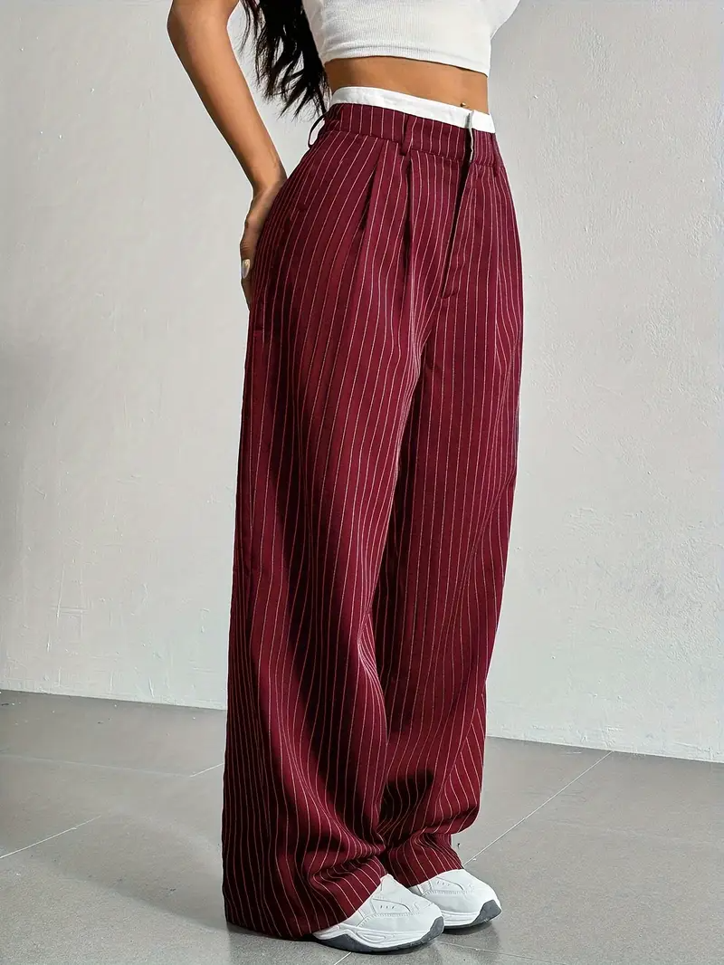 Women's Wide Leg Pinstripe Pants - High Waist - Contrast Waistband