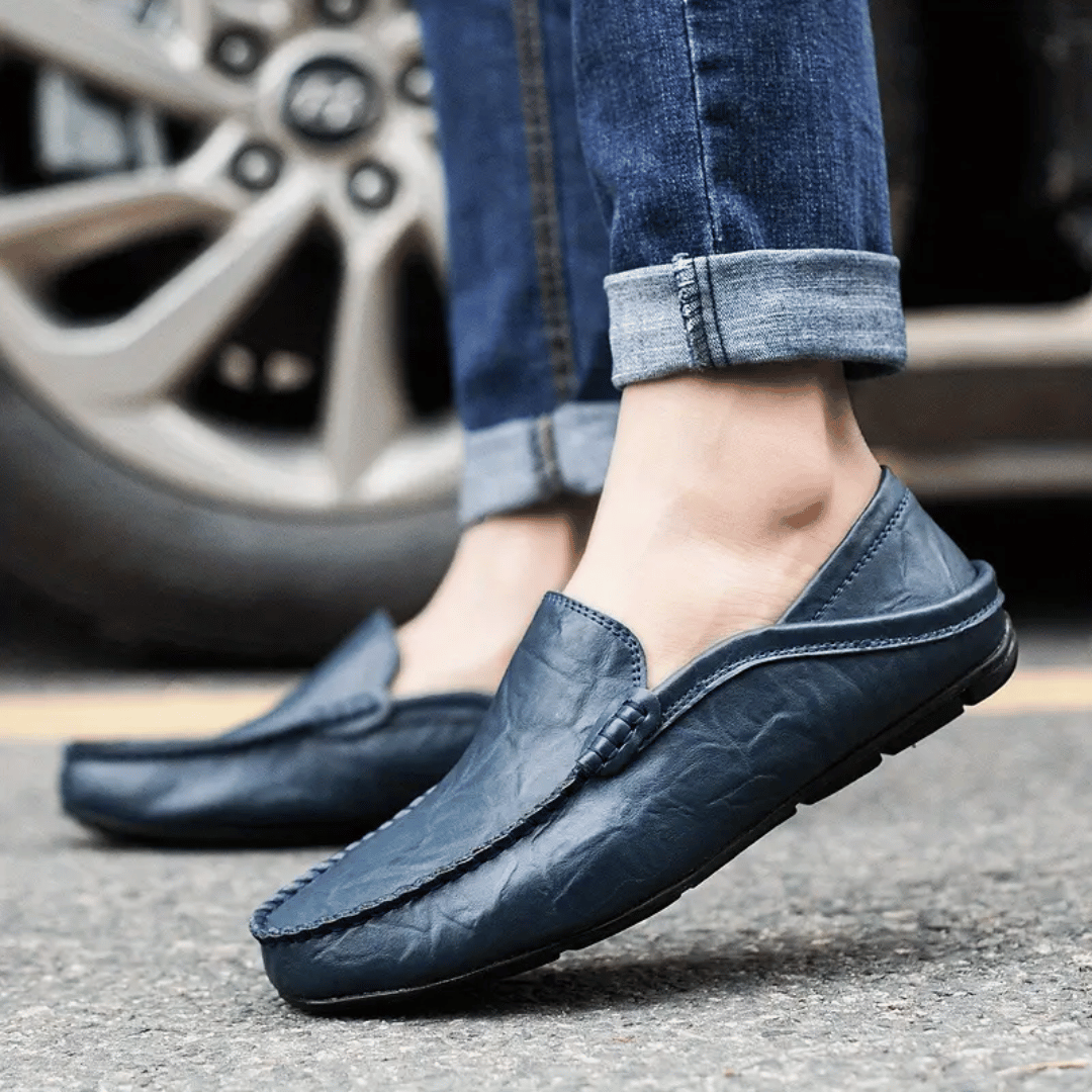 Men's Casual Loafers - Slip-On Moccasin Toe with Topstitched Apron and Flat Sole