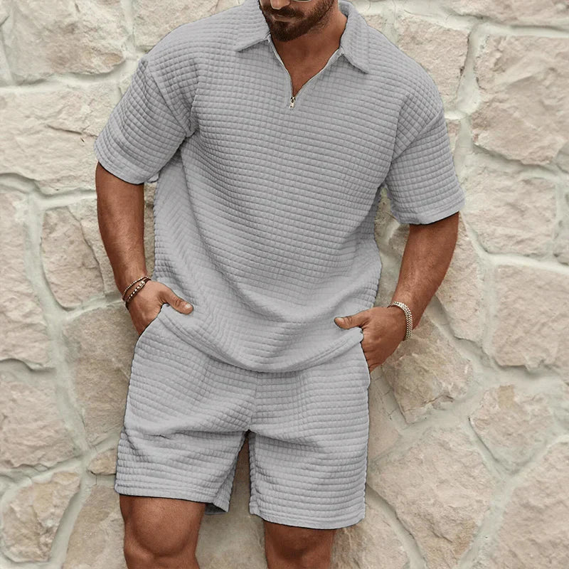 Men's Waffle Knit Half-Zip Polo Short Set - Two Piece