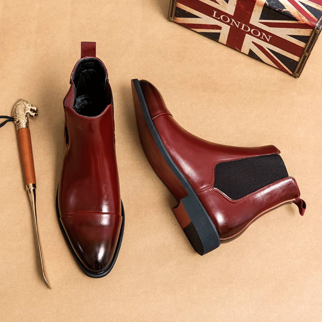 Men's Chelsea Boots - Slip-On Cap Toe with Elastic Side Panel - Low Heel and Contrast Sole