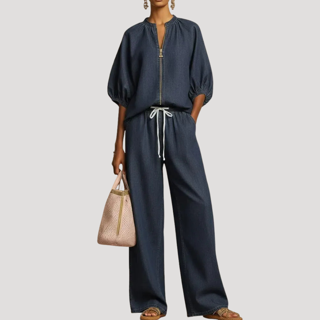 Women's Linen Puff Sleeve Zip Top Wide Leg Pants Set